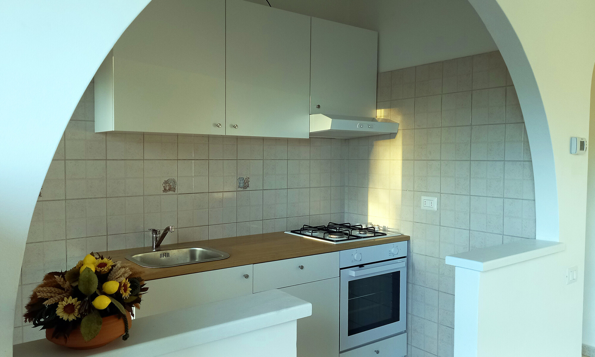 Aggiornamento impianto elettrico, sostituzione frutti e placche elettriche, collegamento elettrodomestici. Forno, cappa. Termostato.